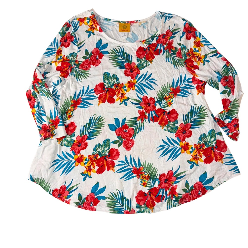 Ruby Rd Tropical Floral Top XL‎ White Red Blue Hibiscus Long Sleeve Scoop Neck